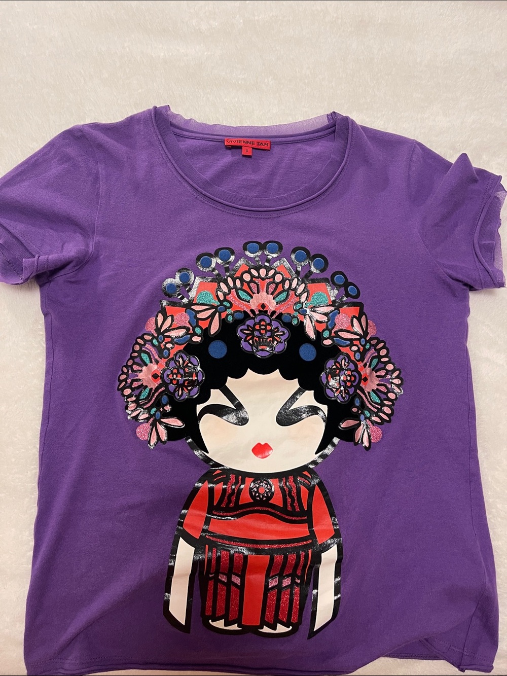 Vivienne Tam Purple Short Sleeve Tee with Floral Doll Graphic
